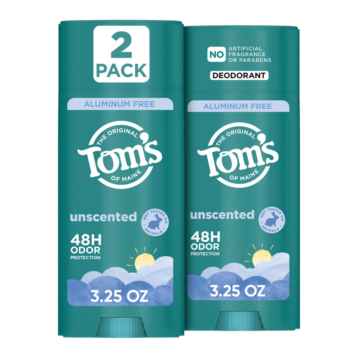 Tom's of Maine front packaging showing unscented two-pack and benefits