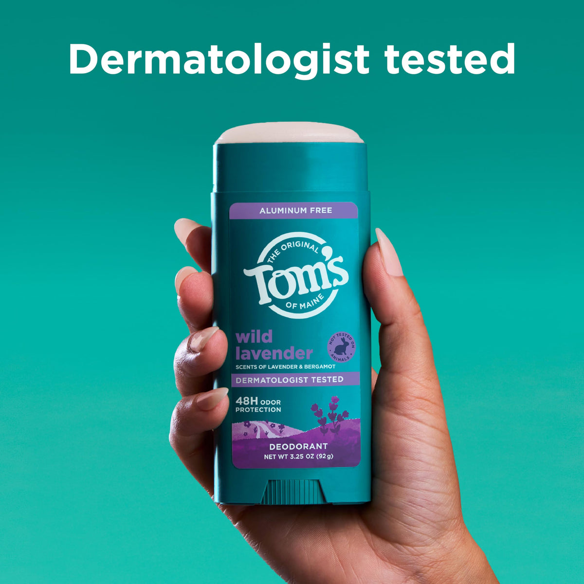 Tom's of Maine applying underarm to show easy, no-residue benefit