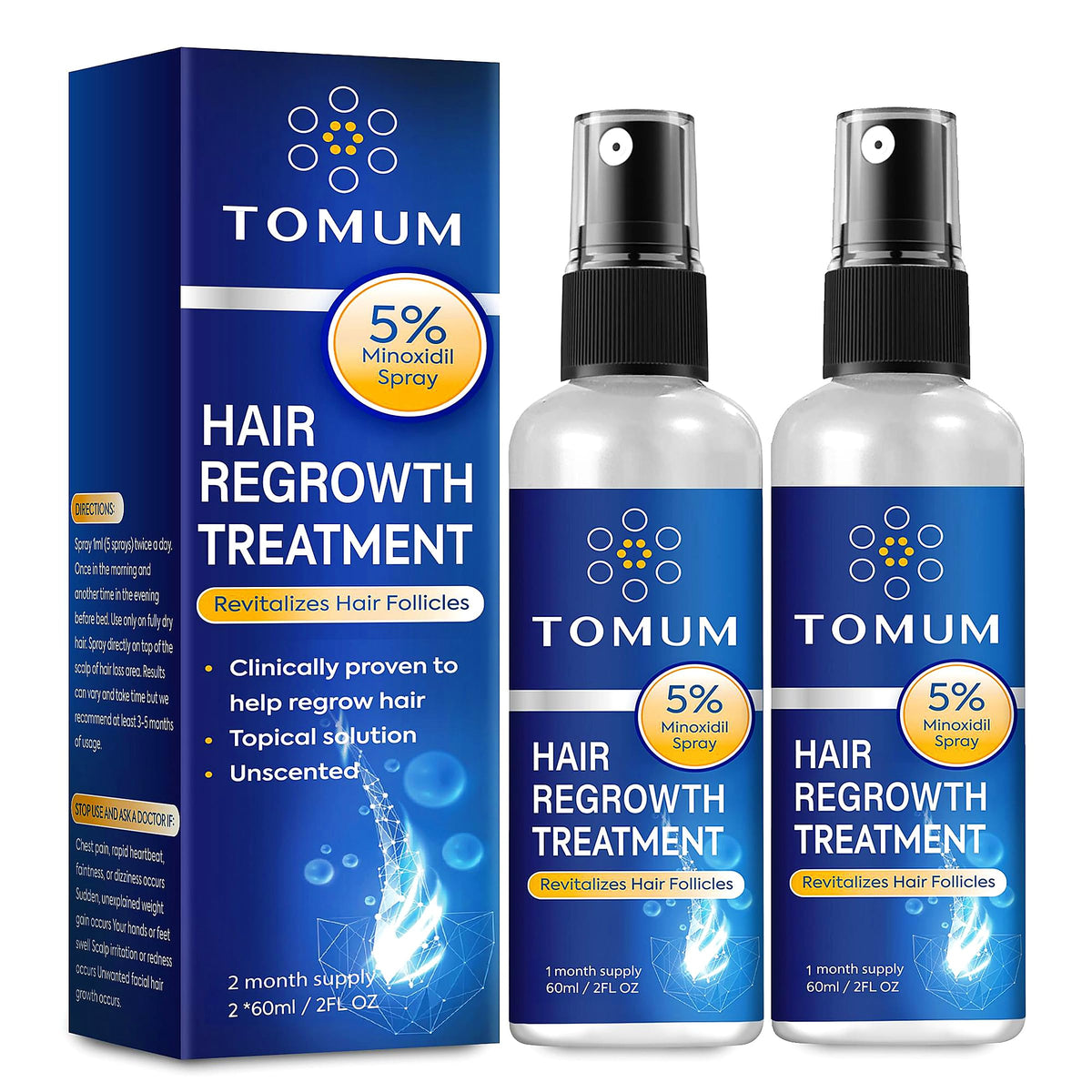 TOMUM front packaging showing 5% minoxidil and two-bottle value