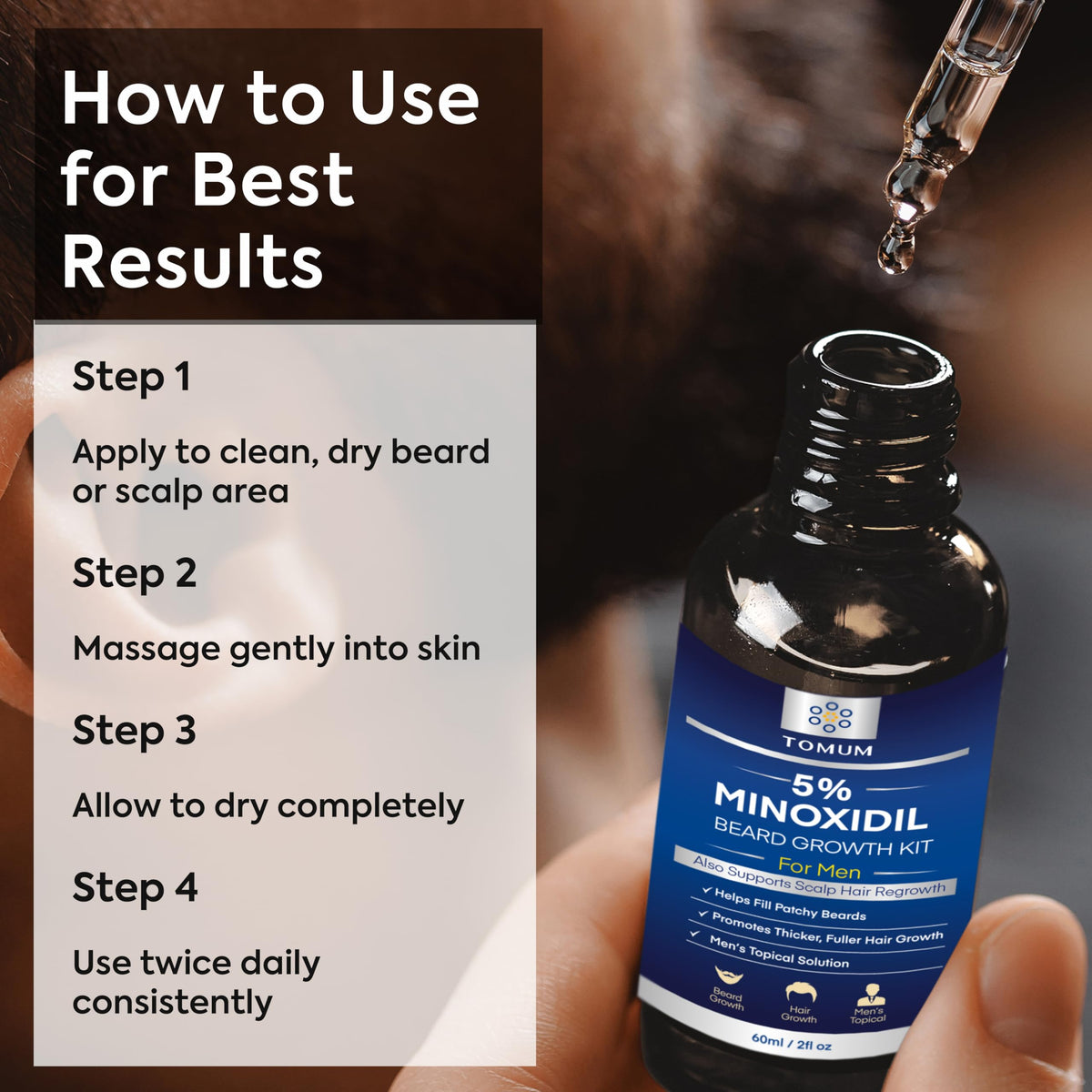 TOMUM bottle label highlighting 5% minoxidil concentration and clarity