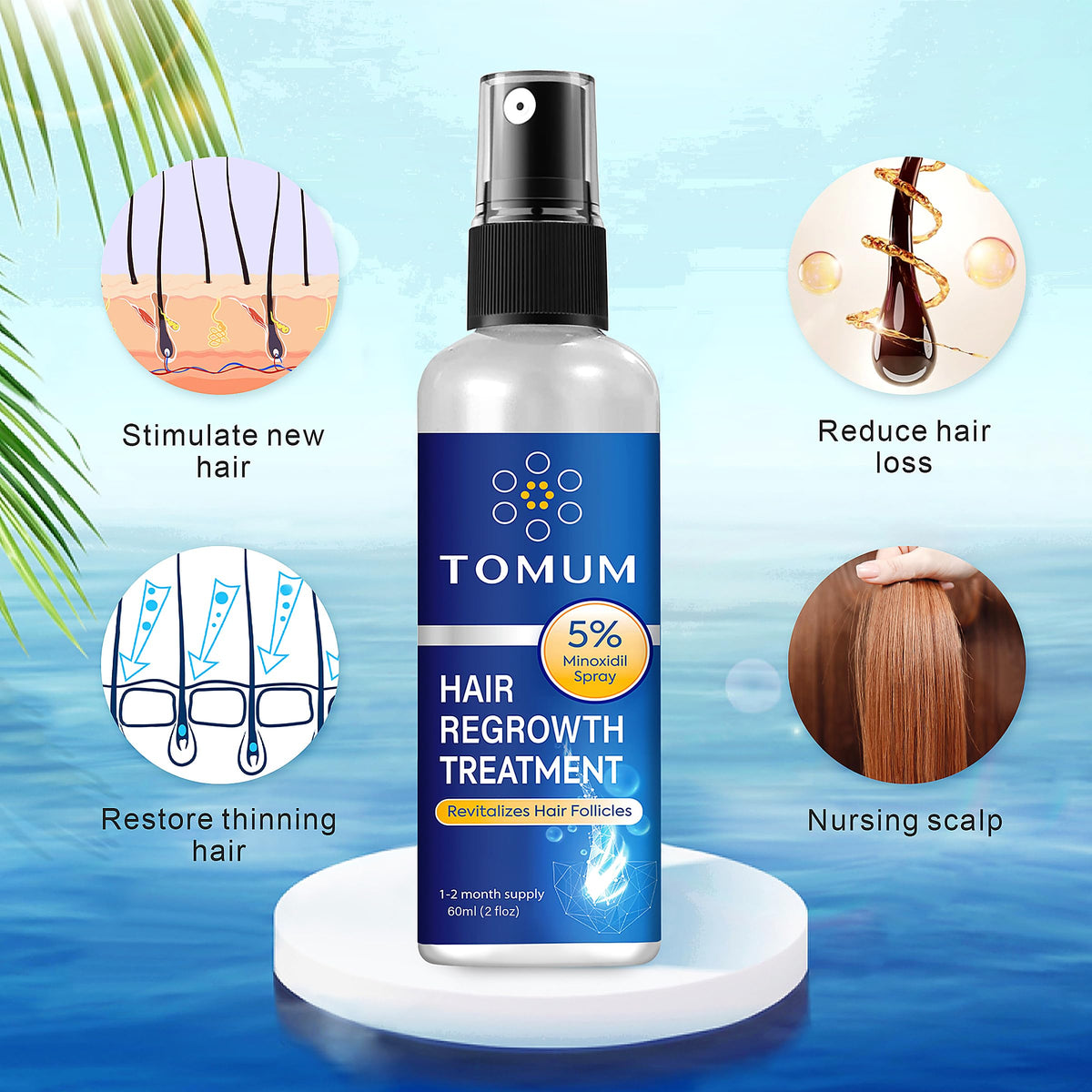 TOMUM topical spray applied to scalp showing quick absorption benefit