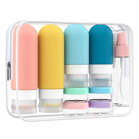 Tonater clear pouch front view showing organized bottles and bright colors for easy packing