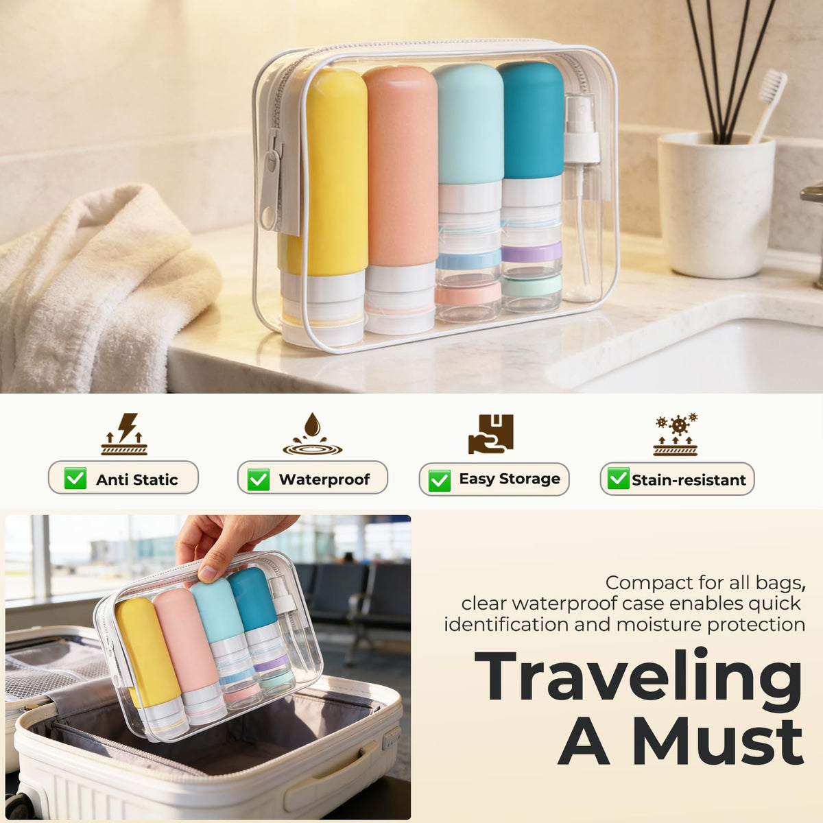 Tonater travel set staged in a hotel bathroom highlighting convenience and organized travel