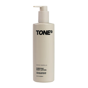 TONE Exclusive front pump bottle showing label and size, easy shelf storage