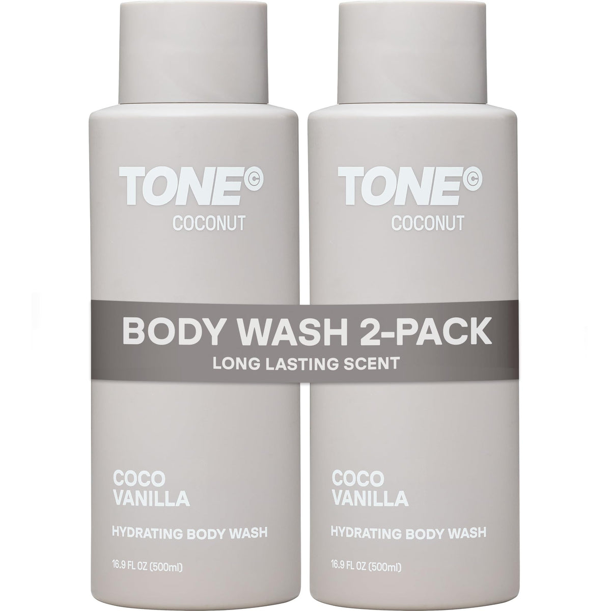 TONE front packaging showing coconut-scented body wash and benefits