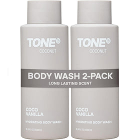 TONE front packaging showing coconut-scented body wash and benefits