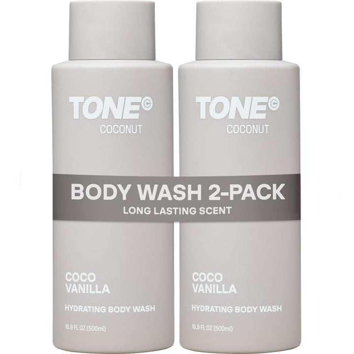 TONE front packaging showing coconut-scented body wash and benefits