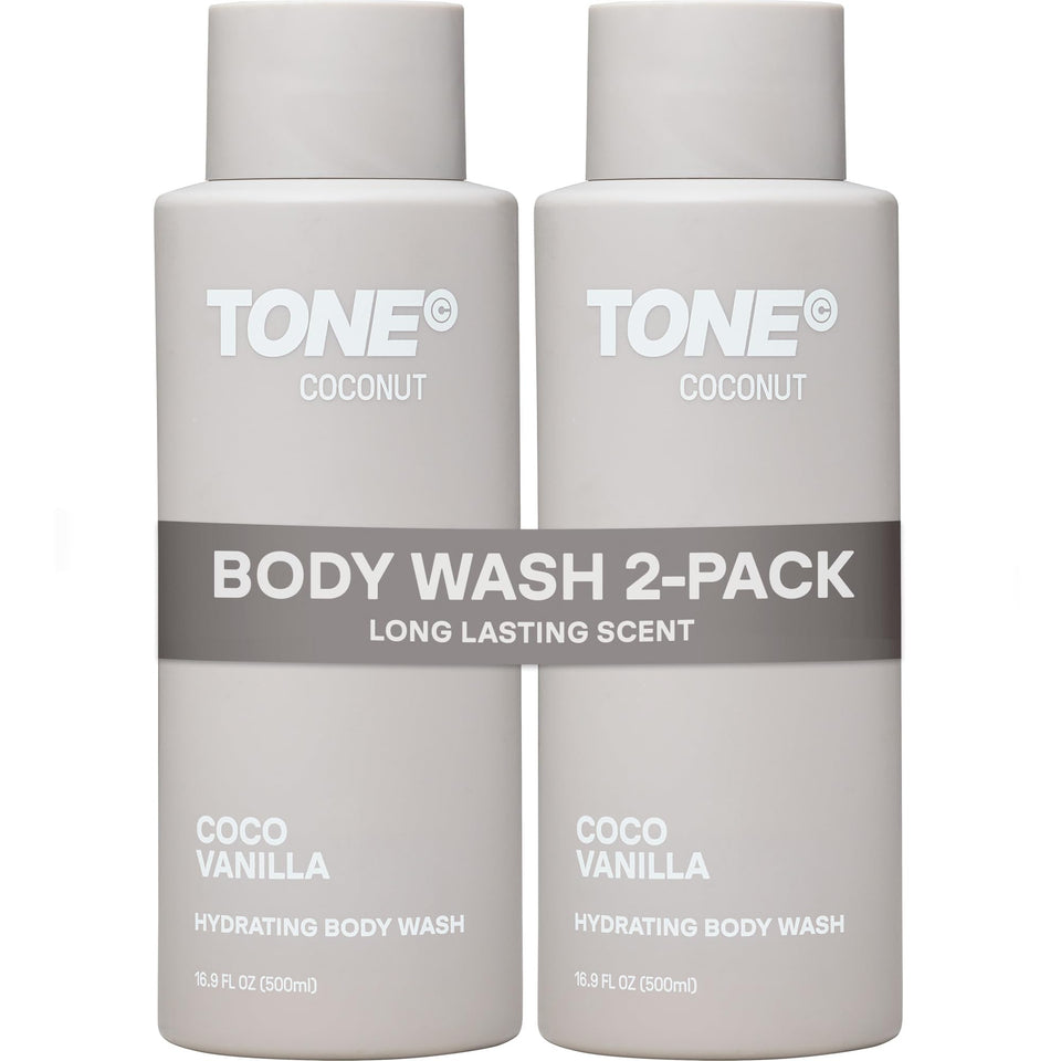 TONE front packaging showing coconut-scented body wash and benefits