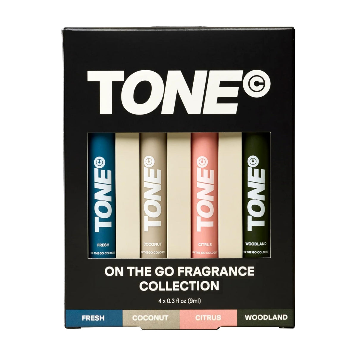 TONE Exclusive front packaging showing all four travel bottles and convenience