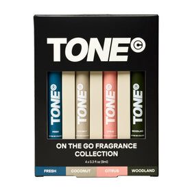 TONE Exclusive front packaging showing all four travel bottles and convenience