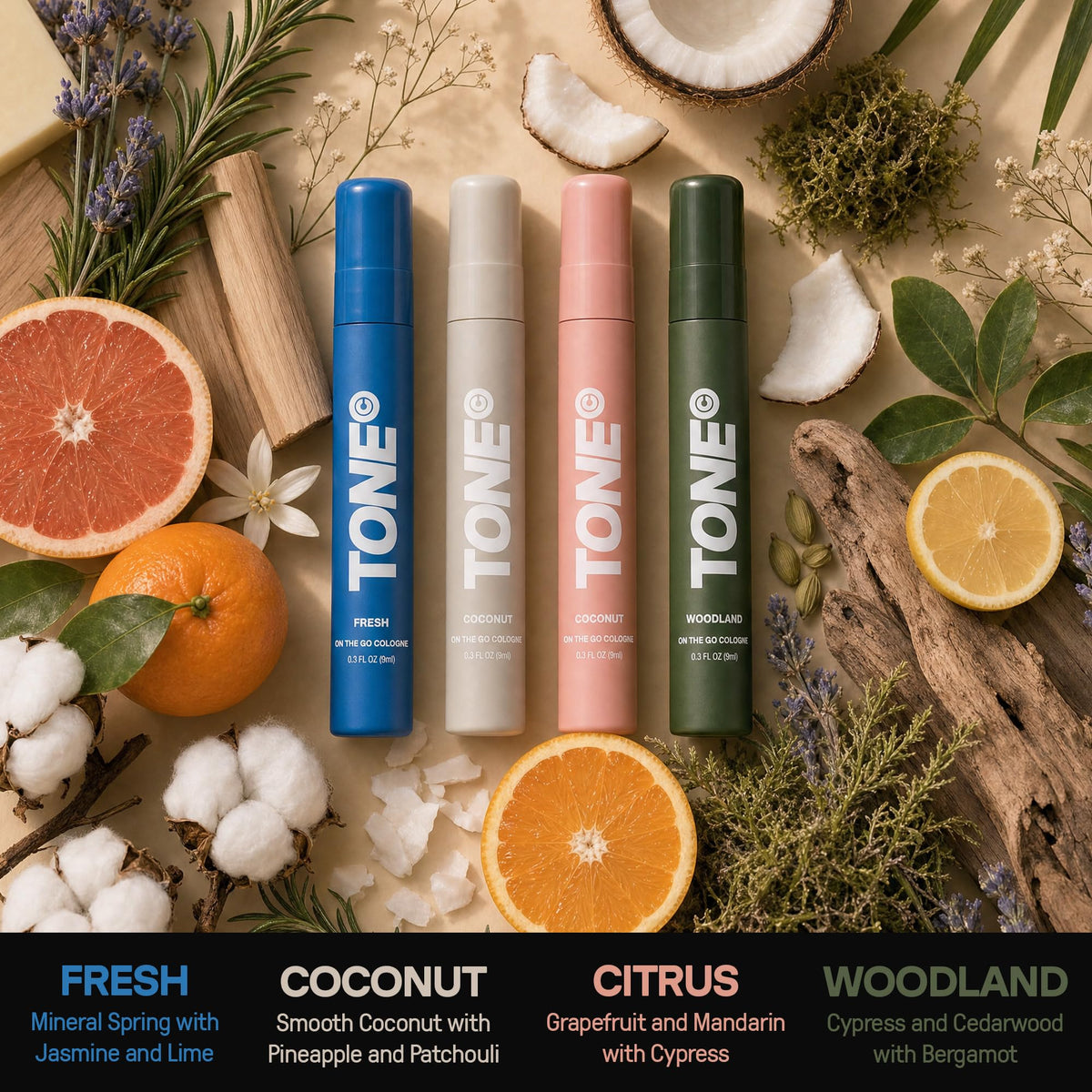 TONE Exclusive mini colognes in a travel bag for quick refreshes on the go