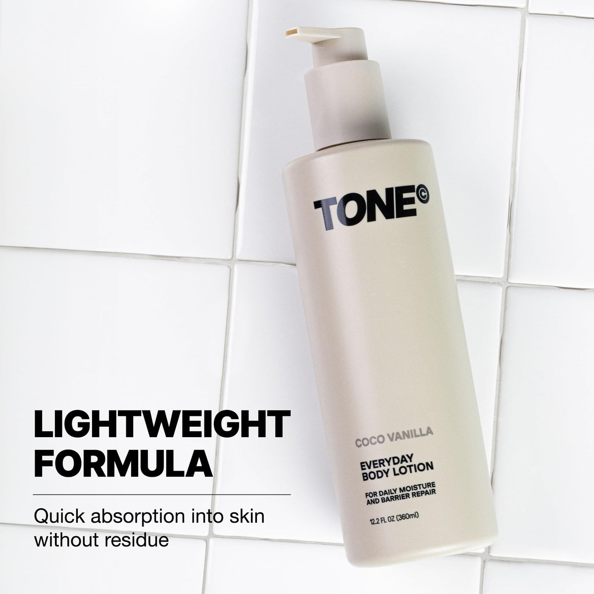 TONE Exclusive lotion applied on forearm, demonstrates quick non-greasy hydration