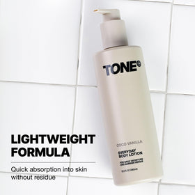 TONE Exclusive lotion applied on forearm, demonstrates quick non-greasy hydration