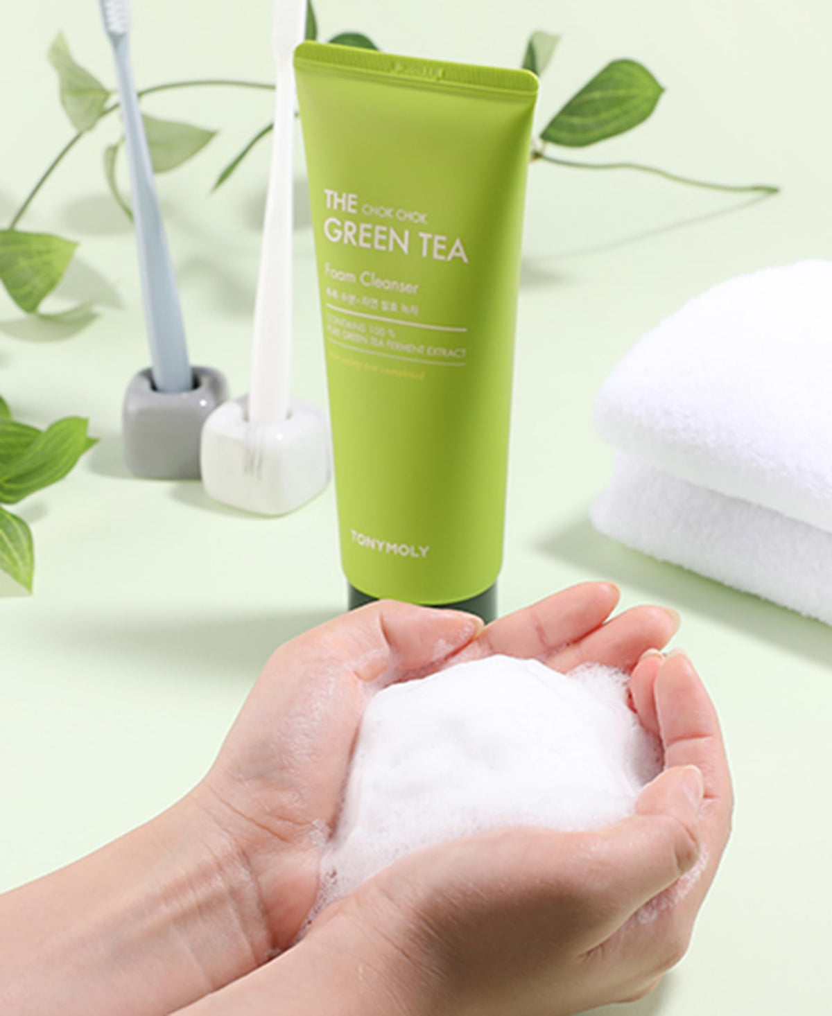 TONYMOLY cleanser in hand being dispensed to show usage and controlled application