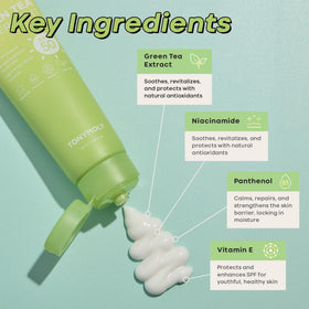 TONYMOLY label detail highlighting green tea, niacinamide, hyaluronic acid