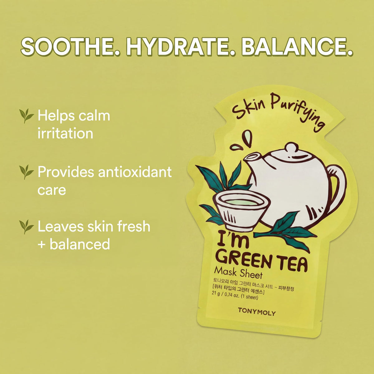 TONYMOLY green tea mask being applied by hand to illustrate calming hydration