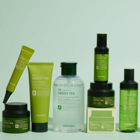 TONYMOLY bottle next to bathroom items to show size and routine-ready convenience