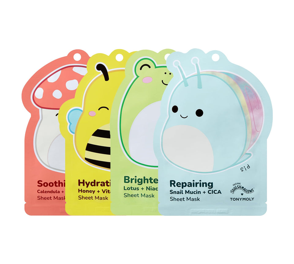 TONYMOLY front packaging showing four character-printed sheet masks and gift appeal