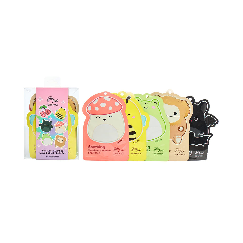 TONYMOLY front packaging showing Squishmallows designs and set contents, playful gift appeal