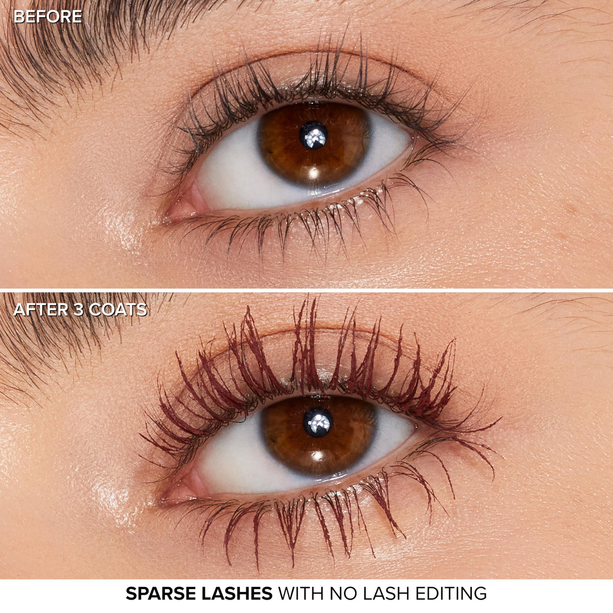 Too Faced before and after lash comparison, illustrates volumizing false-lash effect