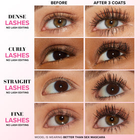 Too Faced hourglass brush close-up demonstrating precise lash coating