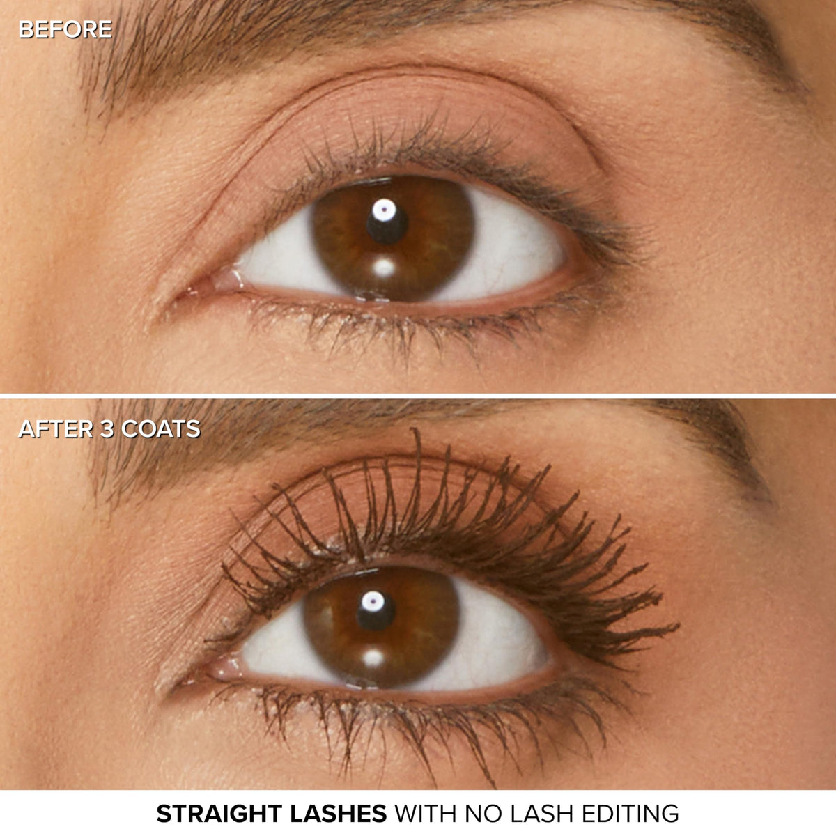Too Faced lashes before and after illustrating dramatic volumizing effect