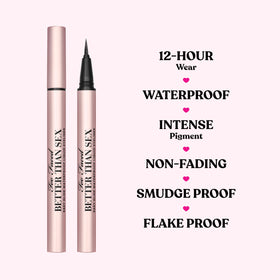 Too Faced eyeliner next to a coin showing compact size for portability