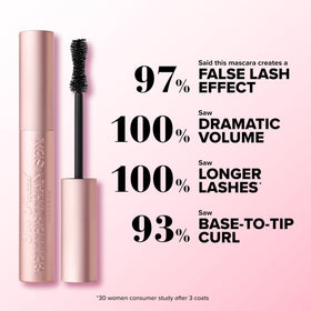 Too Faced black mascara stroke on white background showing rich pigment