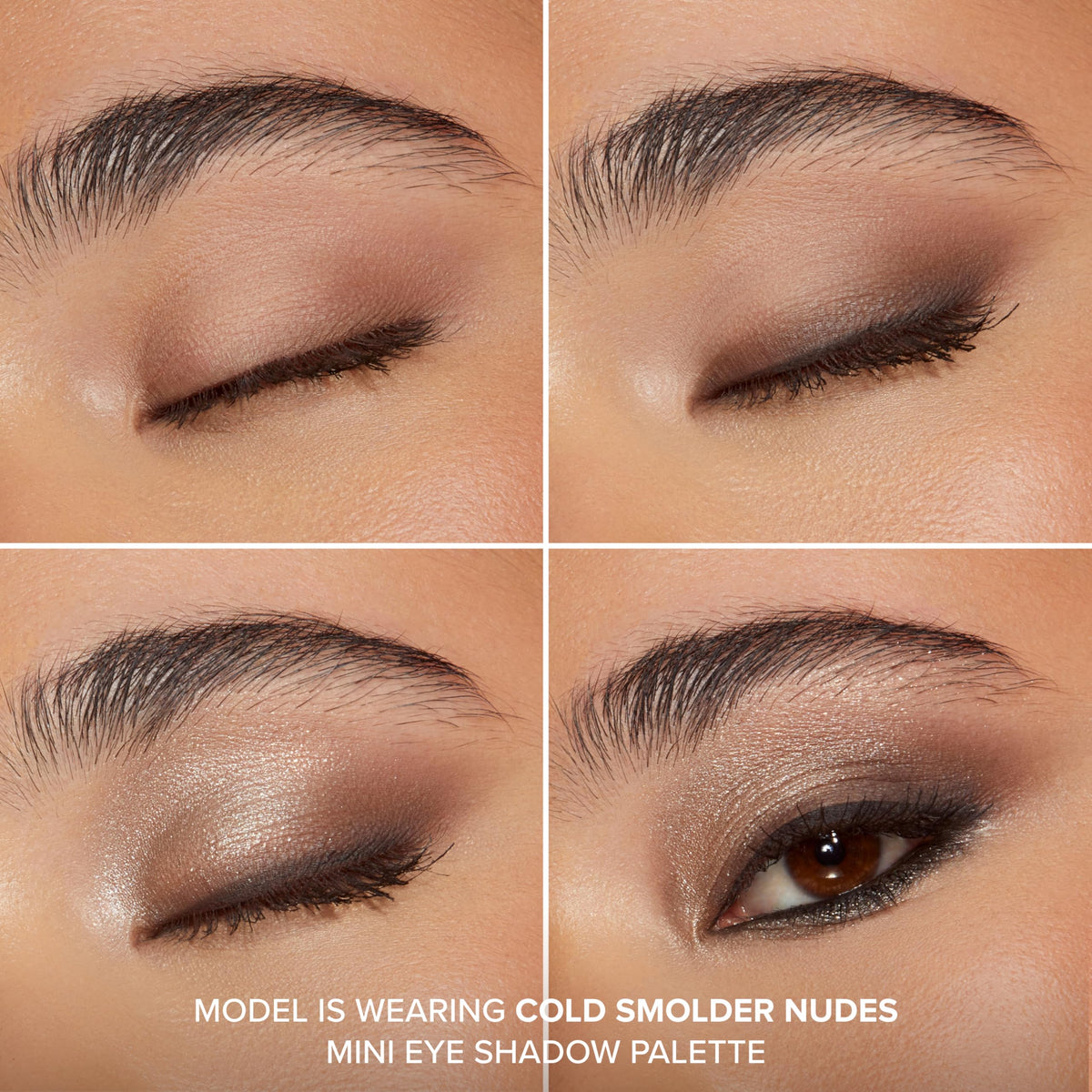 Too Faced arm swatches of six Cold Smolder Nudes shades showing true-to-pan payoff