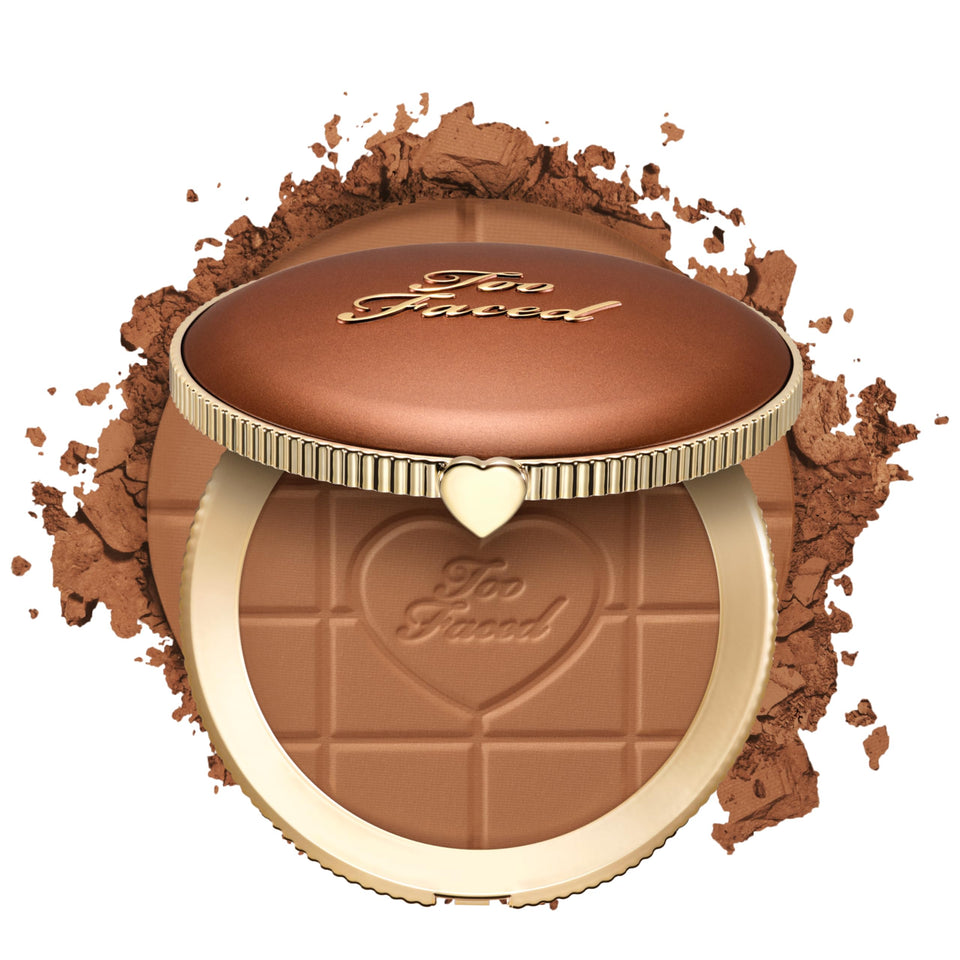 Too Faced compact front view showing matte bronzer and portable design benefit