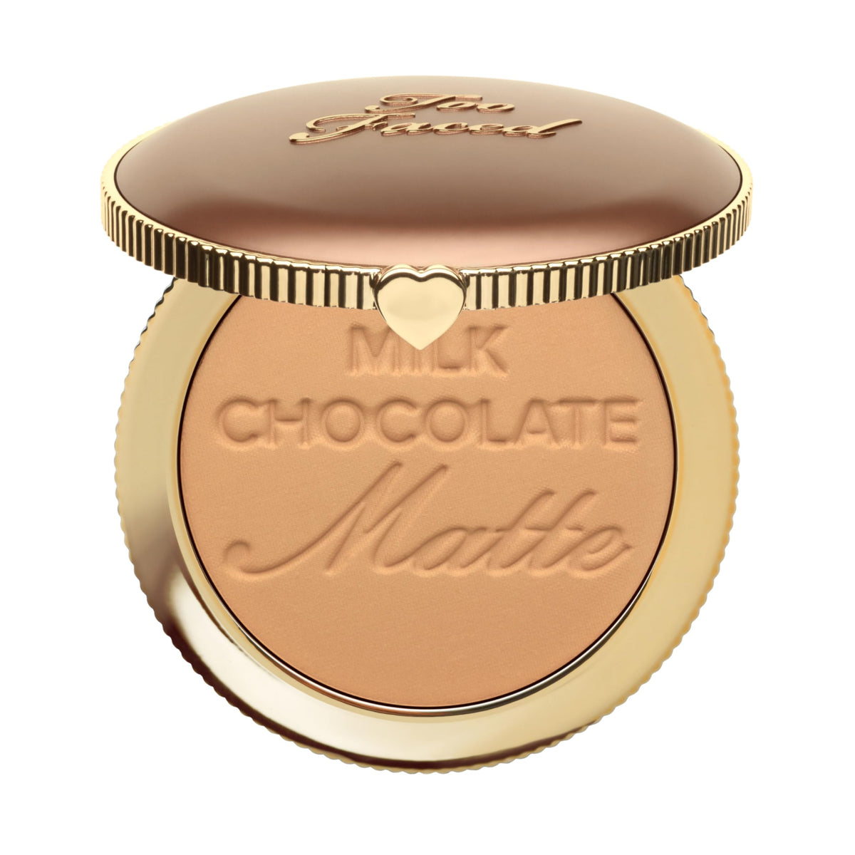 Too Faced front packaging showing Milk Chocolate compact and benefit of matte warmth