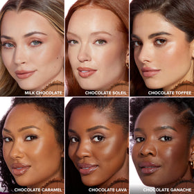 Too Faced bronzer tucked inside a makeup bag illustrating travel-friendly convenience benefit