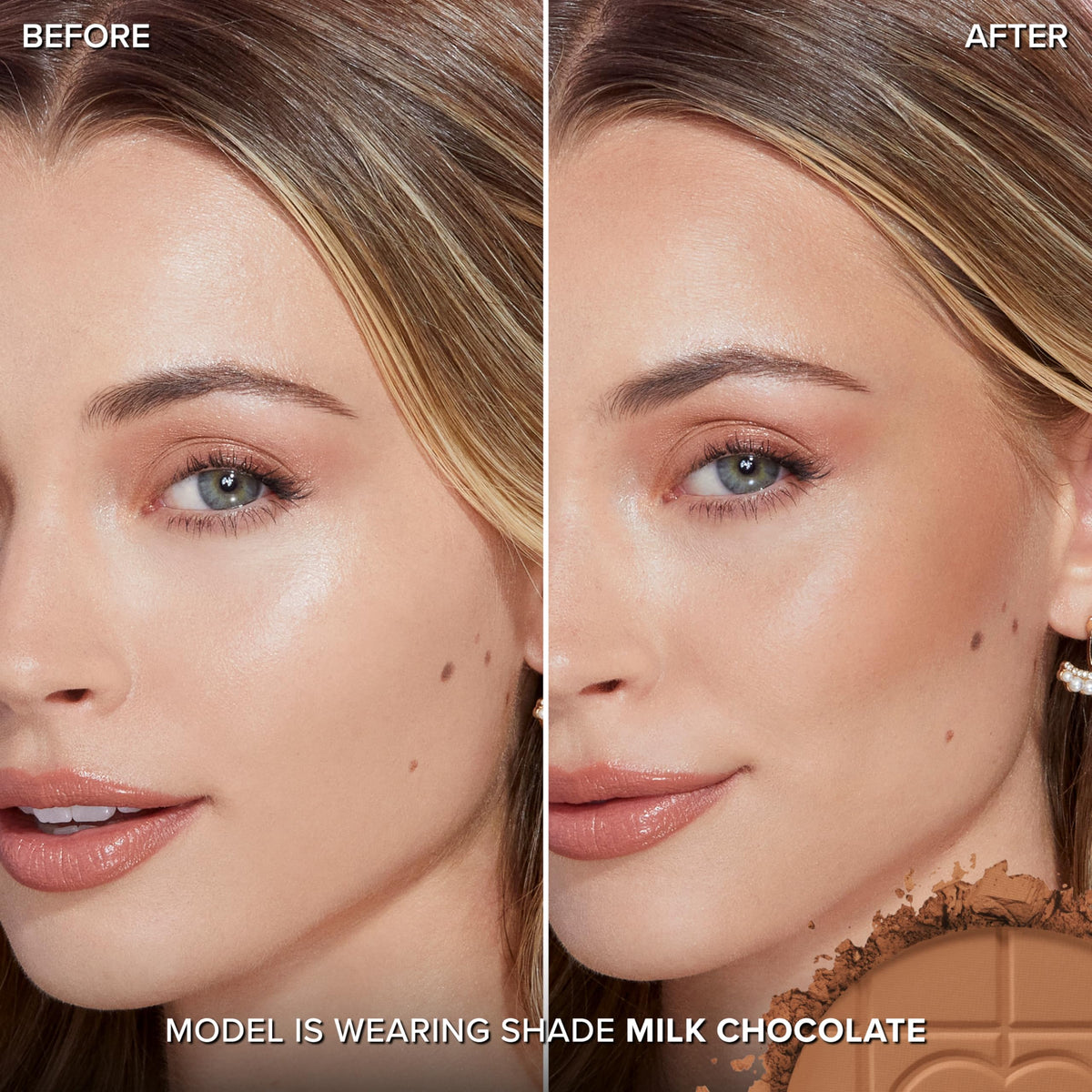 Too Faced open pan of Milk Chocolate bronzer showing even pressed texture benefit