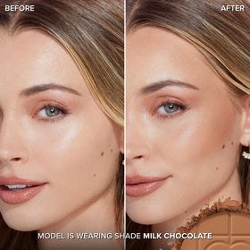 Too Faced open pan of Milk Chocolate bronzer showing even pressed texture benefit