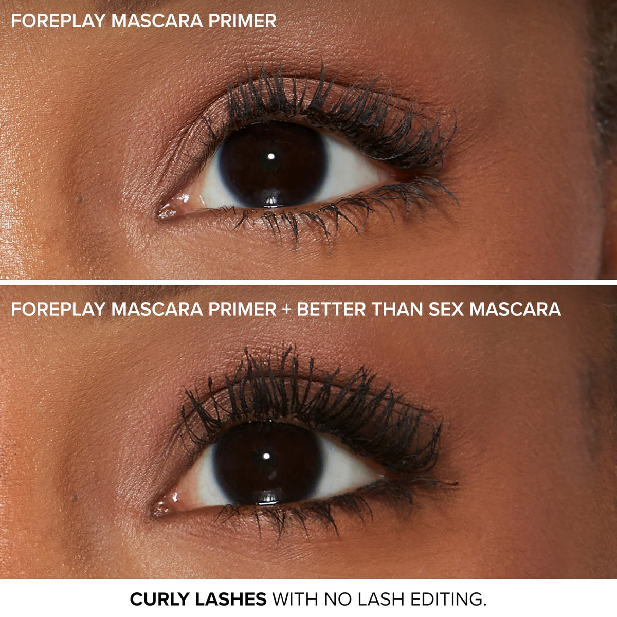 Too Faced Foreplay application step on lashes, demonstrates lift and curl effect