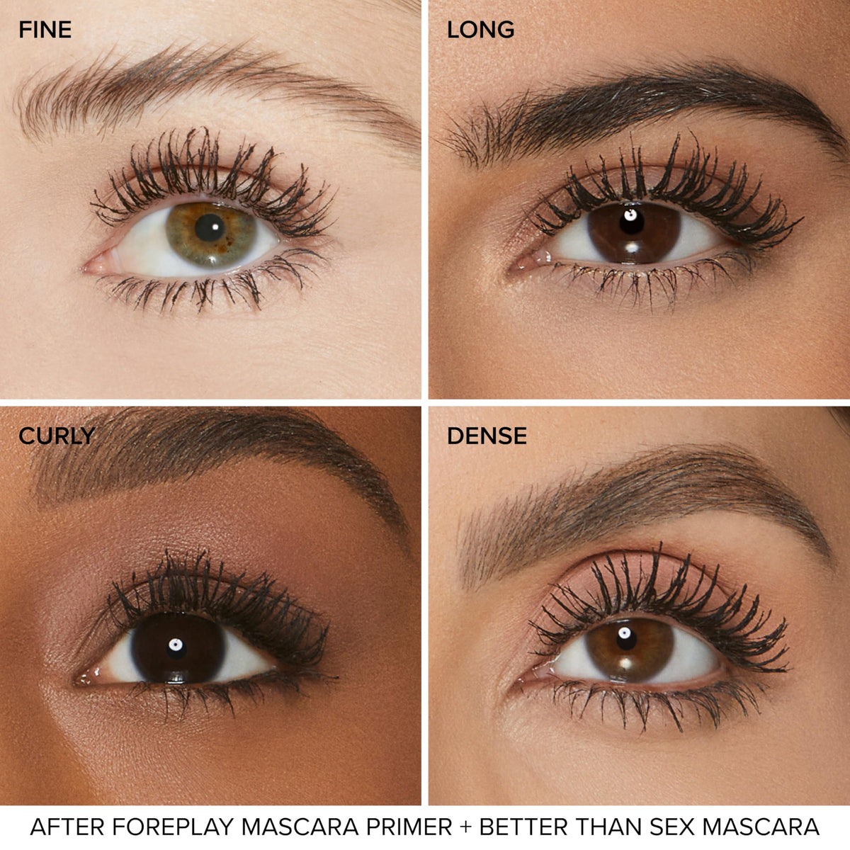 Too Faced Foreplay on lashes before and after demonstrating lift and volume
