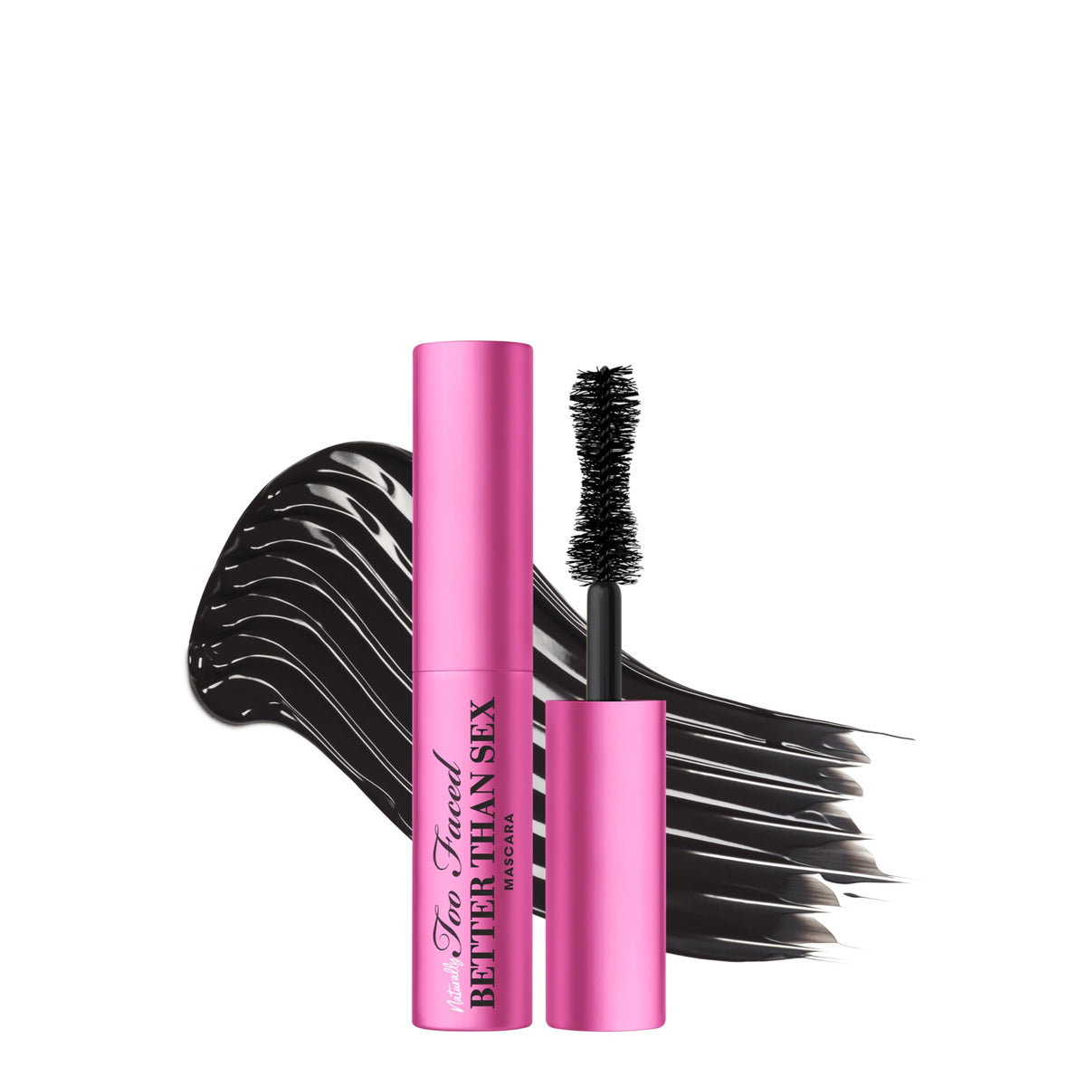 Too Faced travel mascara front packaging shows compact black tube and bold branding benefits