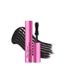 Too Faced travel mascara front packaging shows compact black tube and bold branding benefits
