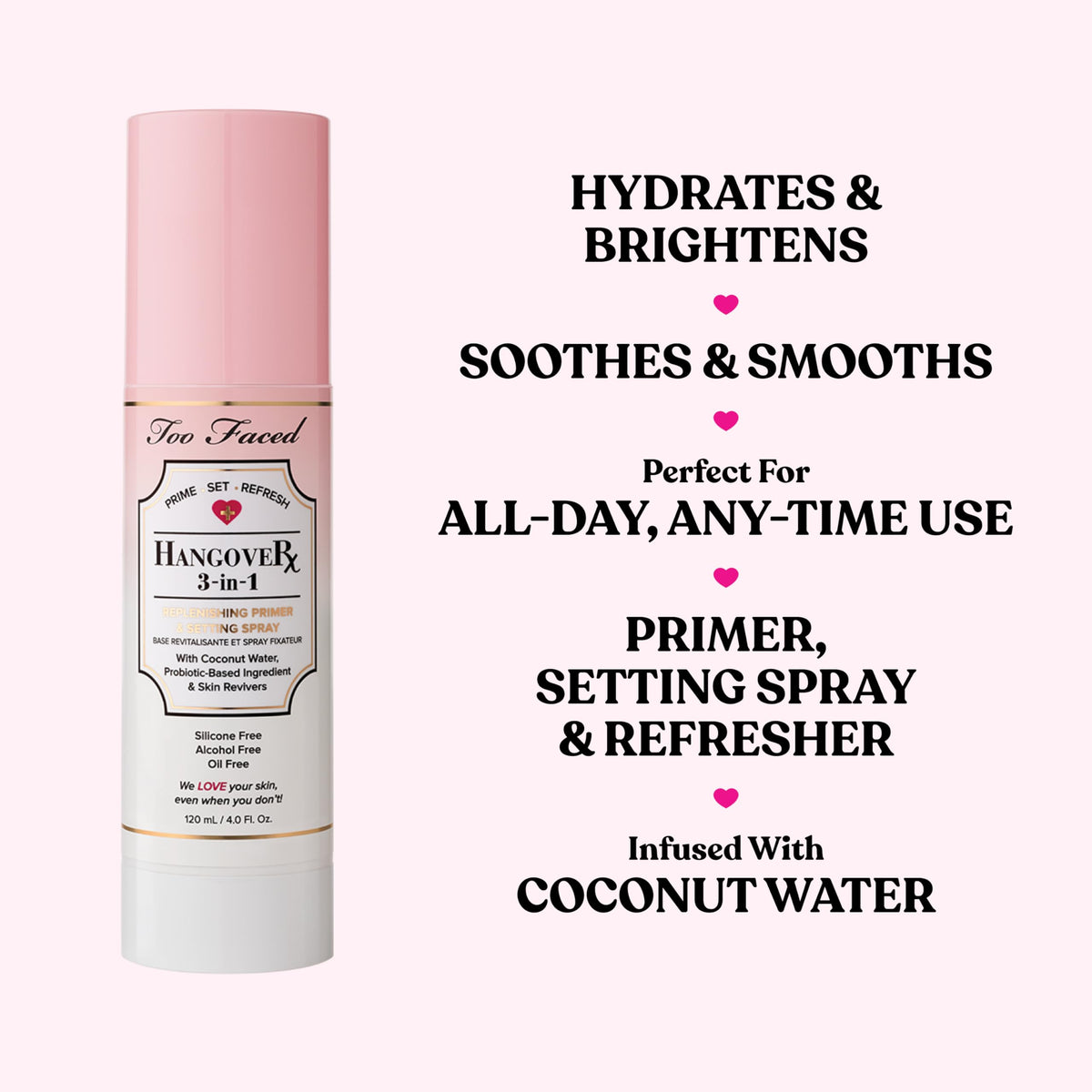 Too Faced mist close-up highlighting lightweight coconut water texture for instant hydration