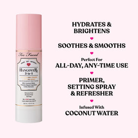 Too Faced mist close-up highlighting lightweight coconut water texture for instant hydration