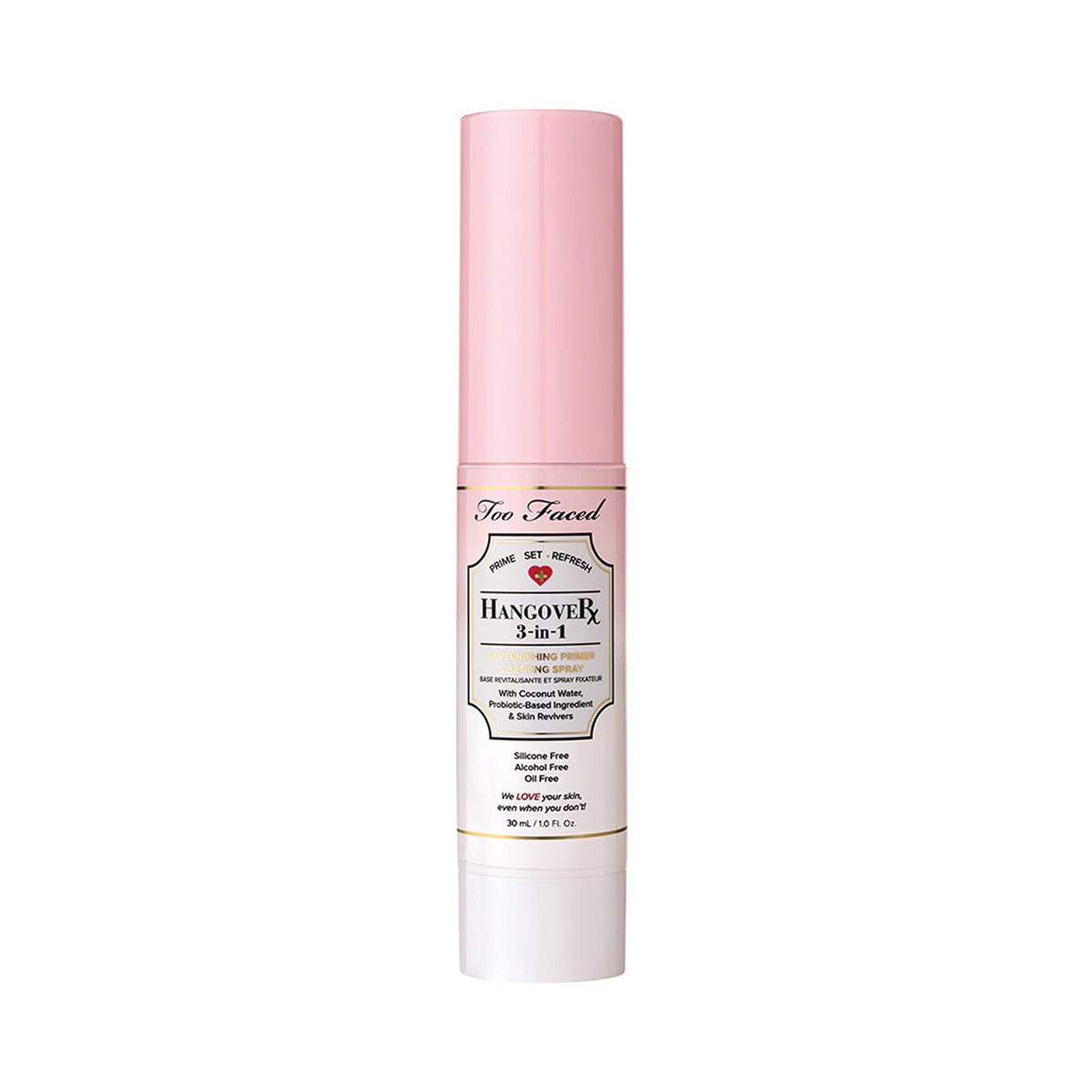 Too Faced front bottle shot showing Hangover spray packaging and travel-ready size benefit