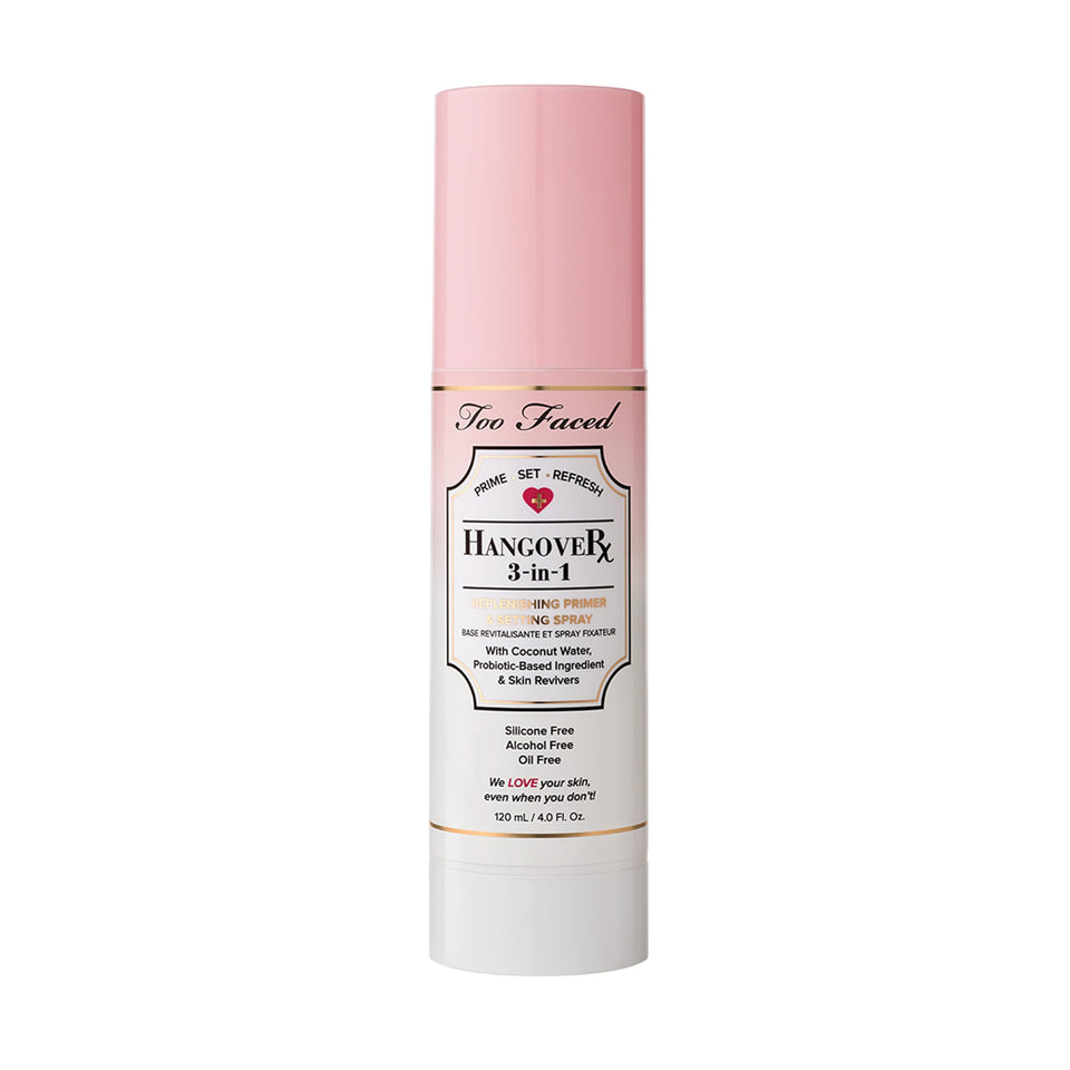 Too Faced hangover front packaging showing bottle and brand, highlights hydrating mist