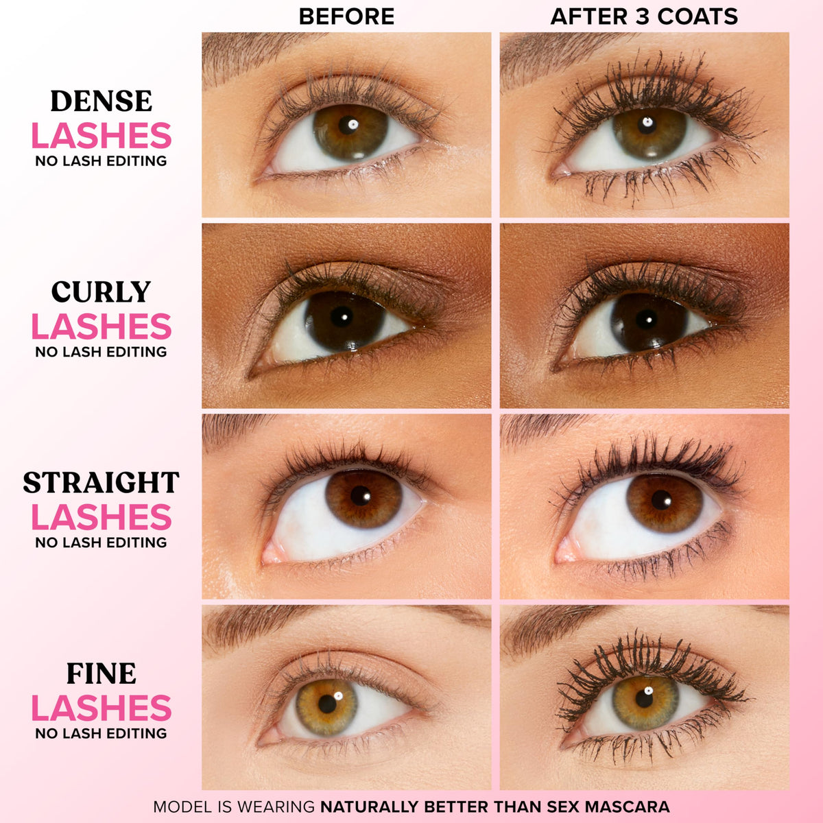 Too Faced close-up of hourglass brush highlighting separation and volumizing action benefit