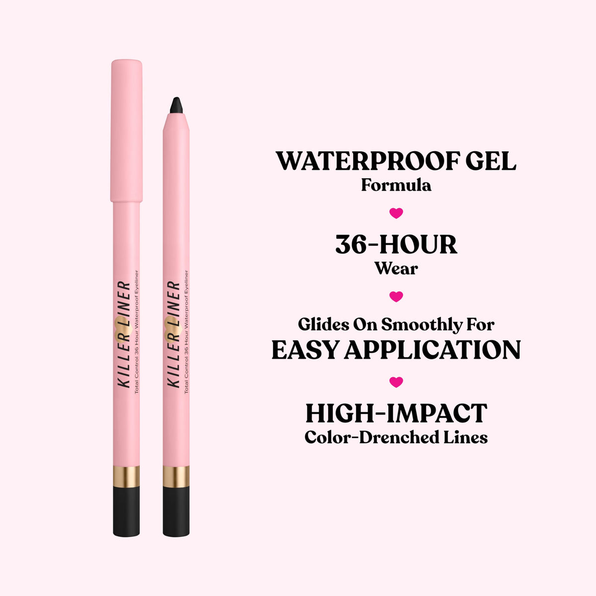 Too Faced swatch on skin showing creamy glide and intense black payoff