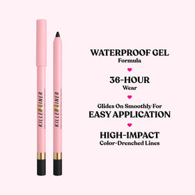 Too Faced swatch on skin showing creamy glide and intense black payoff