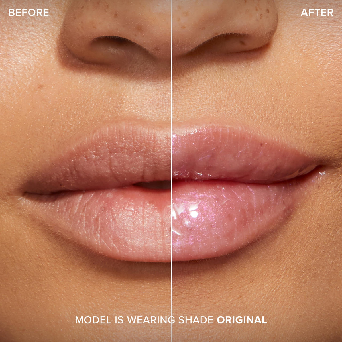 Too Faced before and after lips comparison showing enhanced volume and softness benefit