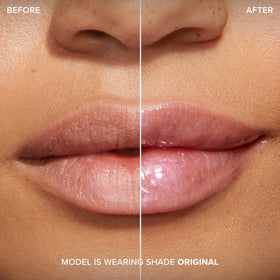 Too Faced before and after lips comparison showing enhanced volume and softness benefit