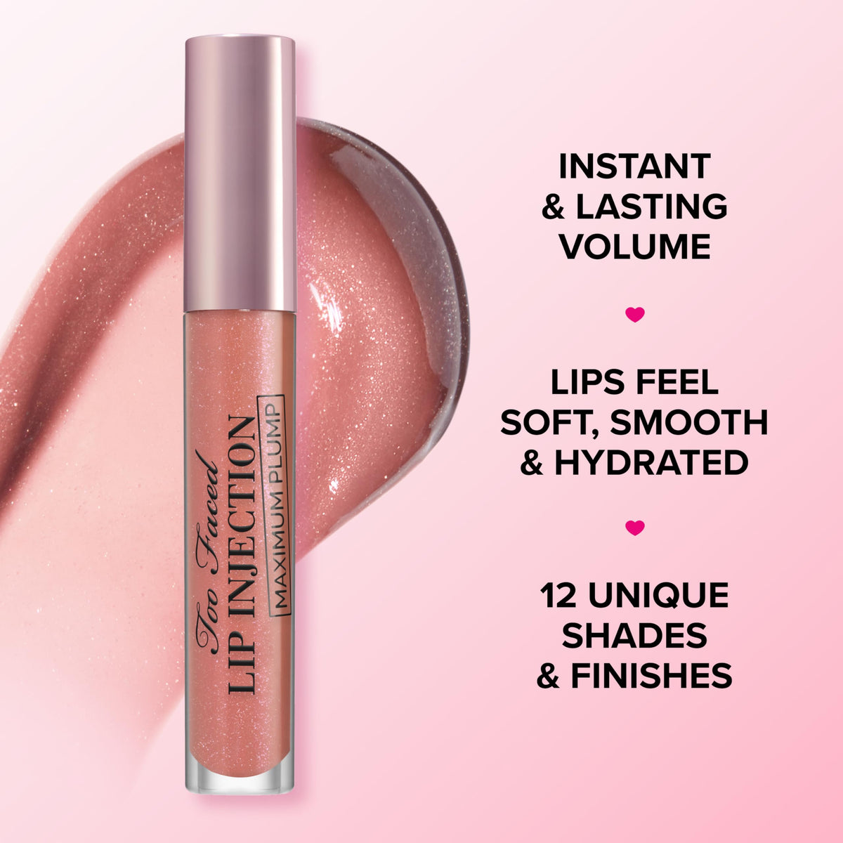 Too Faced gloss texture swipe on skin showing nonsticky shine and hydrating effect