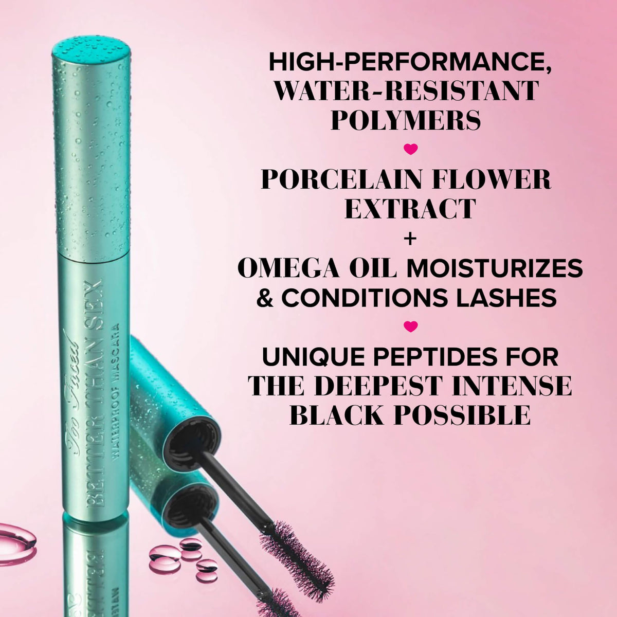 Too Faced mascara formula on wand showing rich creamy texture