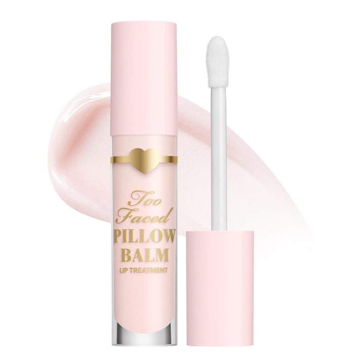 Too Faced Pillow Balm front packaging showing compact 0.2 fl oz tube and glossy finish benefit
